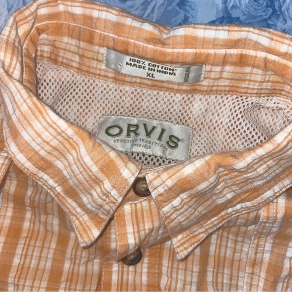 Orvis Shirt Collared Plaid Orange Plaid Fishing Vented Mesh Long Sleeve Collared - Picture 7 of 7